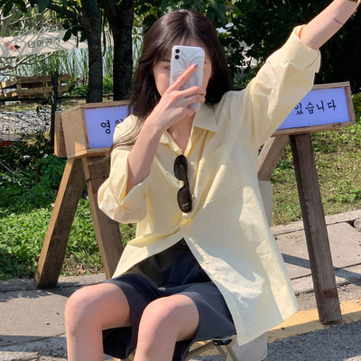 奶黄色叠穿设计感小个子宽松衬衫