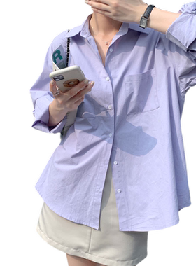 宽松甜美开衫长袖淡紫色衬衫外套