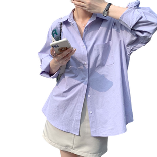 2026春夏香芋紫色衬衫外套女长袖温柔淡紫色开衫上衣棉小众设计感