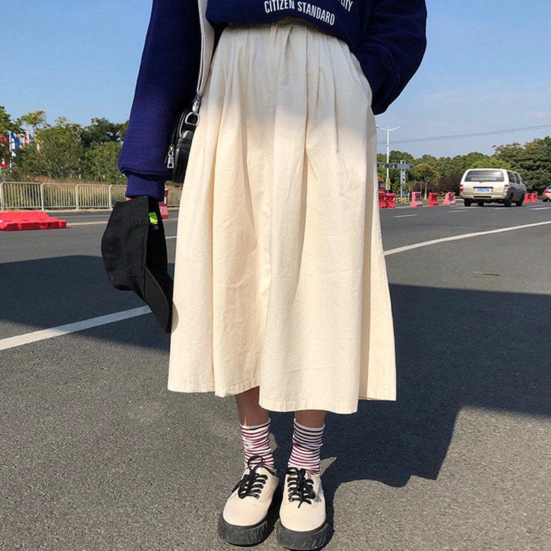 百思朵春季高腰坠感半身裙仙女裙大摆中长裙纯棉百搭卡其色裙子