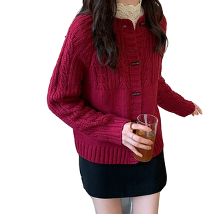 百思朵秋日系甜美少女树莓粉麻花纹毛衣外套学生外穿梅子色开衫