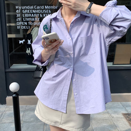 宽松甜美开衫长袖淡紫色衬衫外套