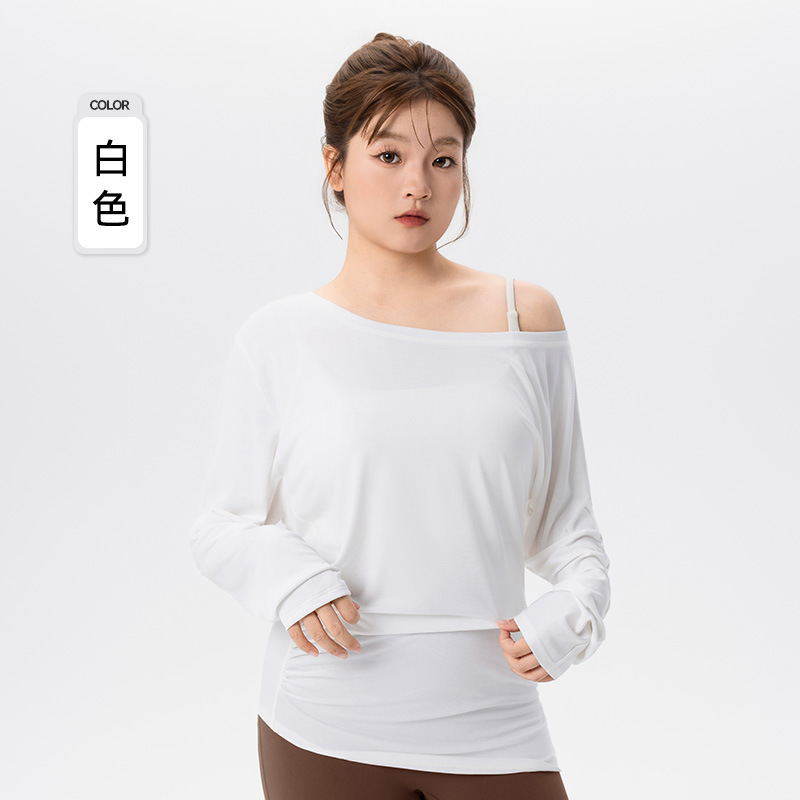 大码长袖瑜伽服女性感斜肩显瘦外穿胖mm上衣宽松透气休闲运动罩衫