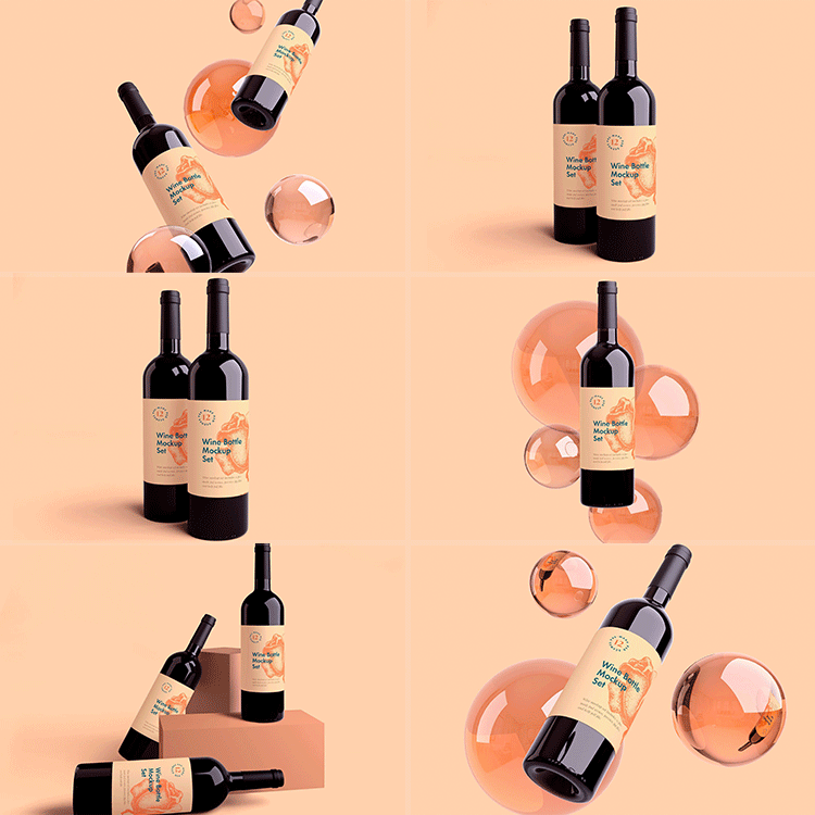 高端葡萄酒红酒香槟酒气泡酒包装瓶贴VI设计展示样机 PSD智能贴图