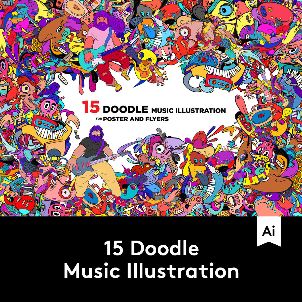 15款潮流抽象全息涂鸦效果音乐节主题海报传单设计矢量插图素材集