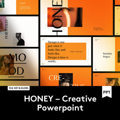 HONEY PPT+Keynote 时尚潮流服装设计作品集排版演示文稿模板素材