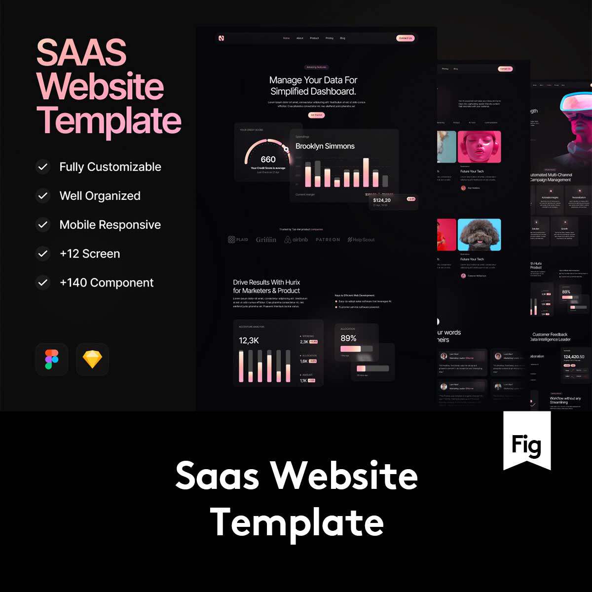黑化风响应式SaaS平台网站WEB UI界面设计Figma/Sketch格式模板