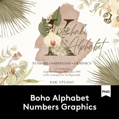 Boho Alphabet Numbers Graphic 波西米亚风兰花棕榈树字母水彩画