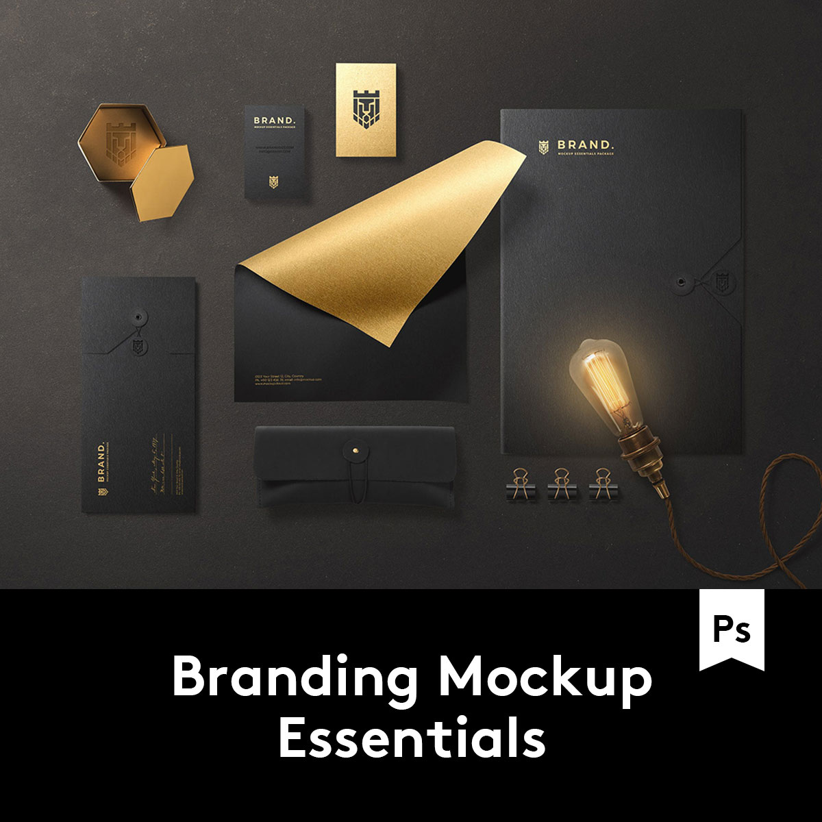 Branding Mockup Essential潮流黑金VI办公用品样机 M2020033007