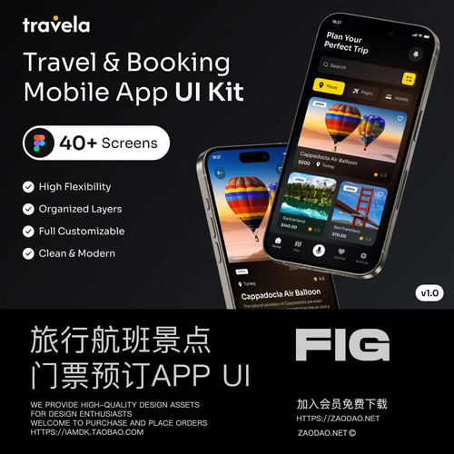 40+屏旅行行程航班酒店景点门票预订app ui界面设计套件figma模板