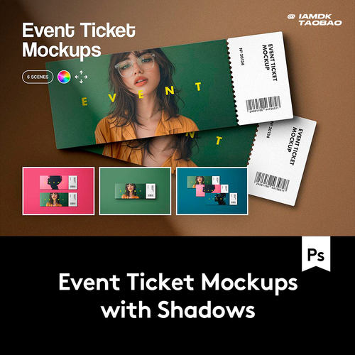 6款时尚电影音乐飞机票门票设计展示效果图Ps贴图样机模板素材