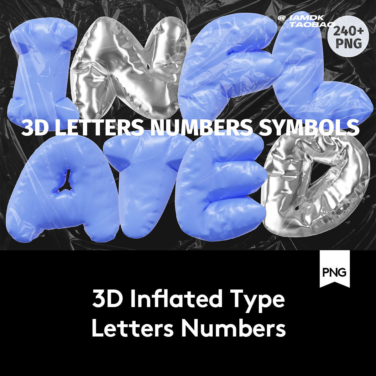 卡通有趣3D渲染Y2K铝箔质感金属气球镀铬英文字母PNG免抠图素材