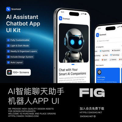 100+屏AI智能聊天助手机器人应用程序APP UI界面设计Figma模板