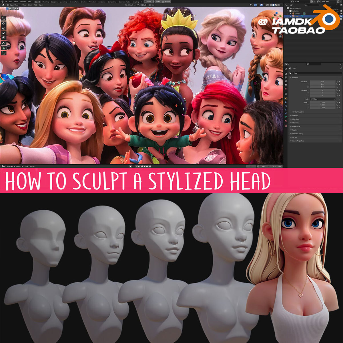 Blender个性化卡通人物头部雕刻建模材质UV绑定教程 中英文字幕