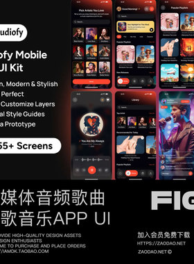 55+屏流媒体音频音乐听歌歌曲应用程序app ui界面设计figma模板