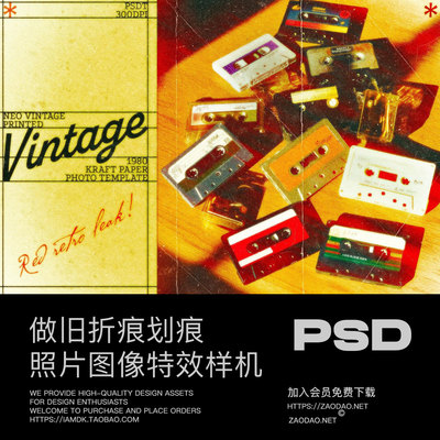 复古怀旧褶皱颗粒划痕失真漏光过曝海报照片效果ps特效滤镜样机