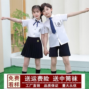 女童百褶裙小学生校服毕业照英伦演出套装 白衬衫 幼儿园园服夏短袖