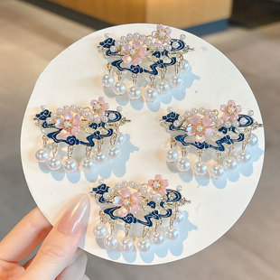 儿童流苏花朵珍珠边夹女童国风侧边发夹古风发饰森系点缀边夹头饰