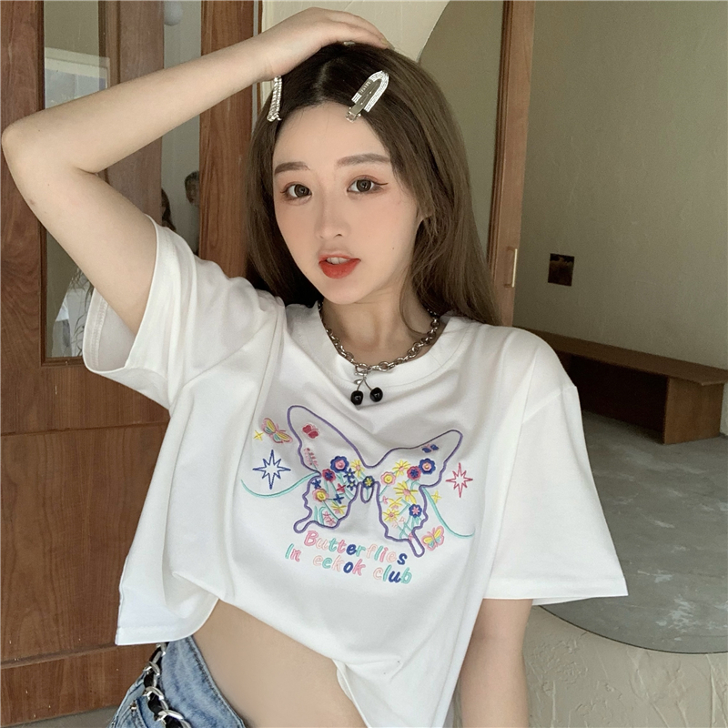 Real price real shot Korean version new short heavy industry Butterfly Embroidery versatile loose T-shirt