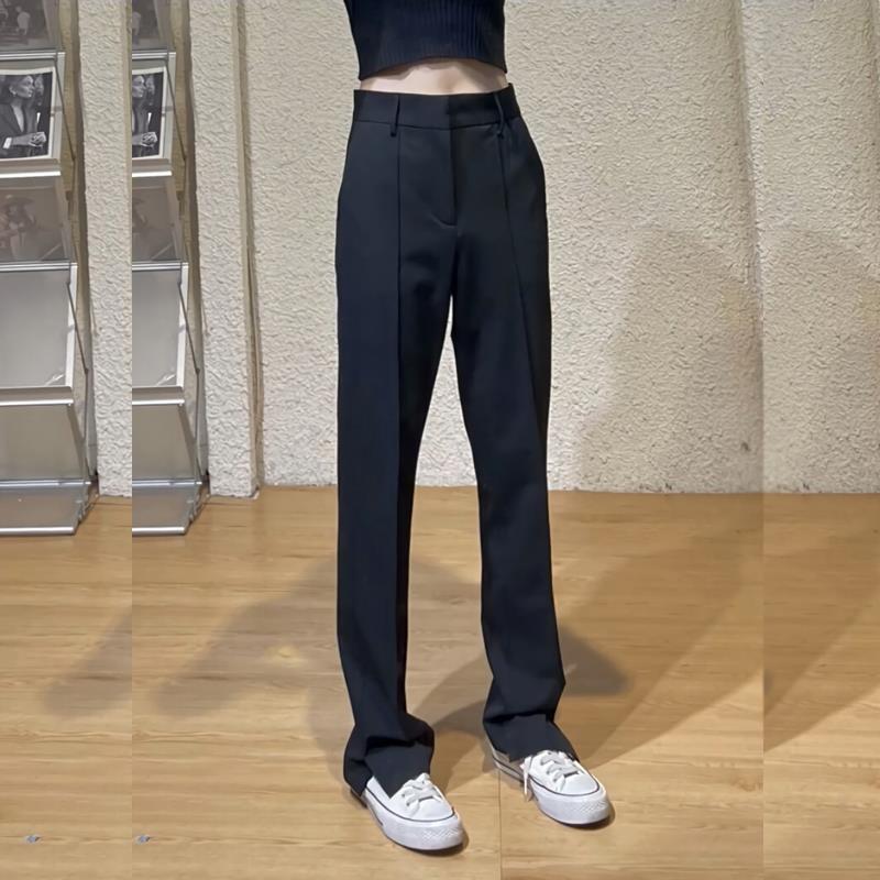 黑色休闲西装裤女夏薄款2025新款高腰设计感小众垂坠感窄版直筒裤