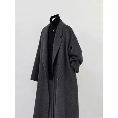 黑灰色双面羊绒大衣女2025秋冬新款韩系宽松中长款高端羊毛呢外套