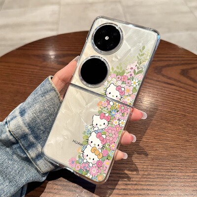 适用华为pocket2手机壳新款HW花丛kt猫p60pocket折叠屏透明小清新S保护套艺术pockets时尚小众p50防摔女