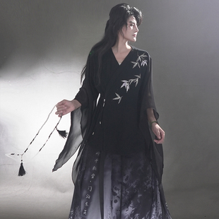 国风日常居士服 新中式 风雅司制原创竹叶棉麻吸汗夏季 交领短中袖