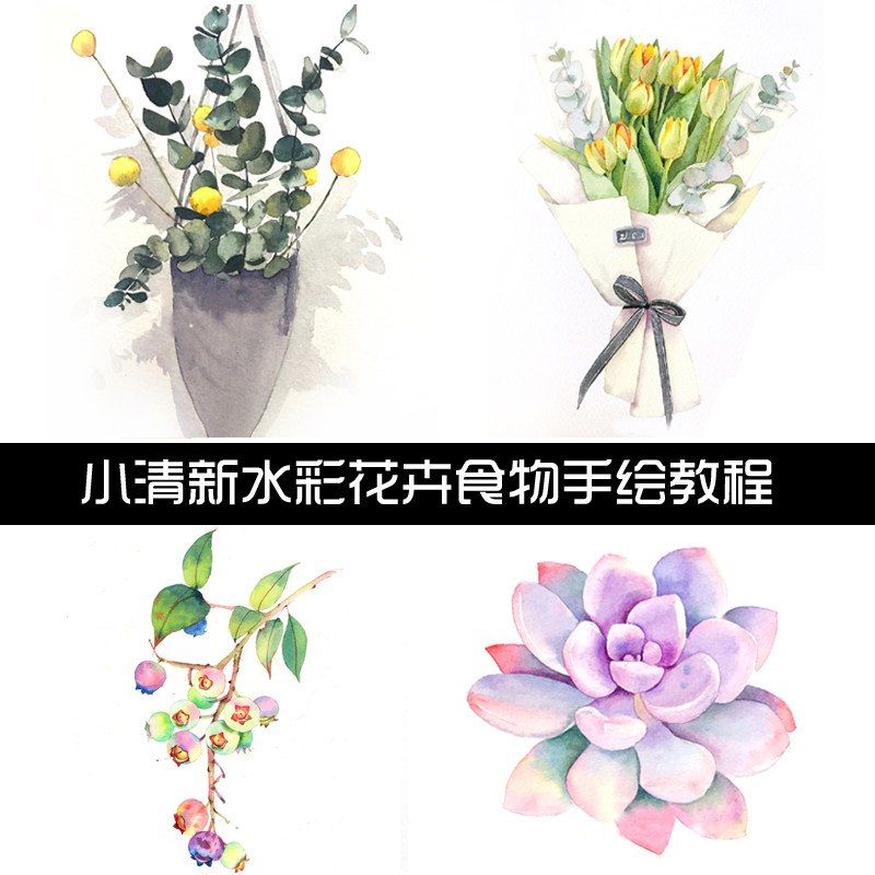 小清新写实水彩花卉手绘图片 水彩多肉水彩食物水彩临摹绘画素材