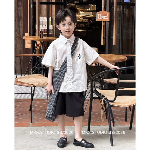 男童短袖套装2026童装夏季新款中大童韩版儿童学院风表演服两件套