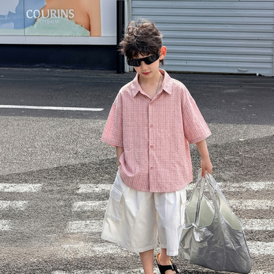 棉小铺男童衬衫纯棉儿童夏季短袖衬衣2026新款韩版格子透气童装潮
