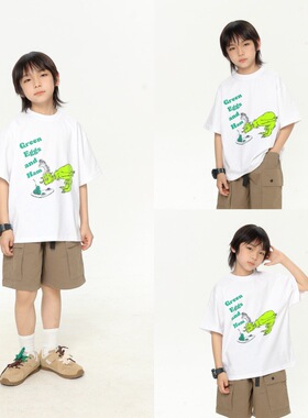 童装短袖2026春夏新款男童中大童宽松短袖卡通印花高街落肩打底T