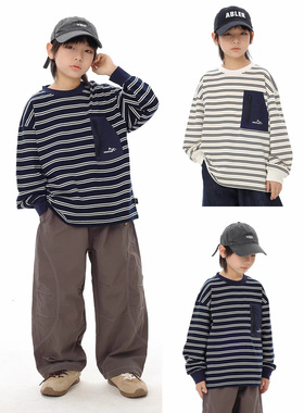 儿童T恤2026山系春季新款男童口袋休闲长袖t中小童帅气条纹上衣潮