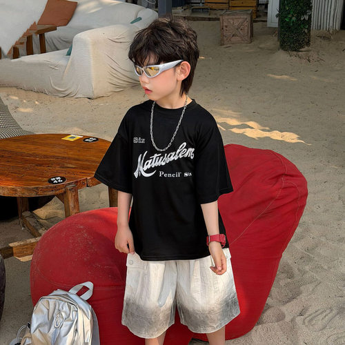 泰如2026夏季新款儿童韩版水洗字母印花短袖男童时尚休闲半袖潮