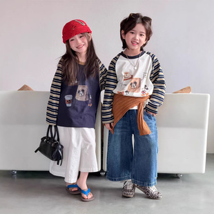 2026春季新款韩版儿童条纹插件T恤男女童可爱卡通印花长袖上衣潮