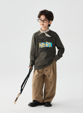 2026春季新款儿童美式复古字母印花打底衫男童洋气宽松长袖棉T恤