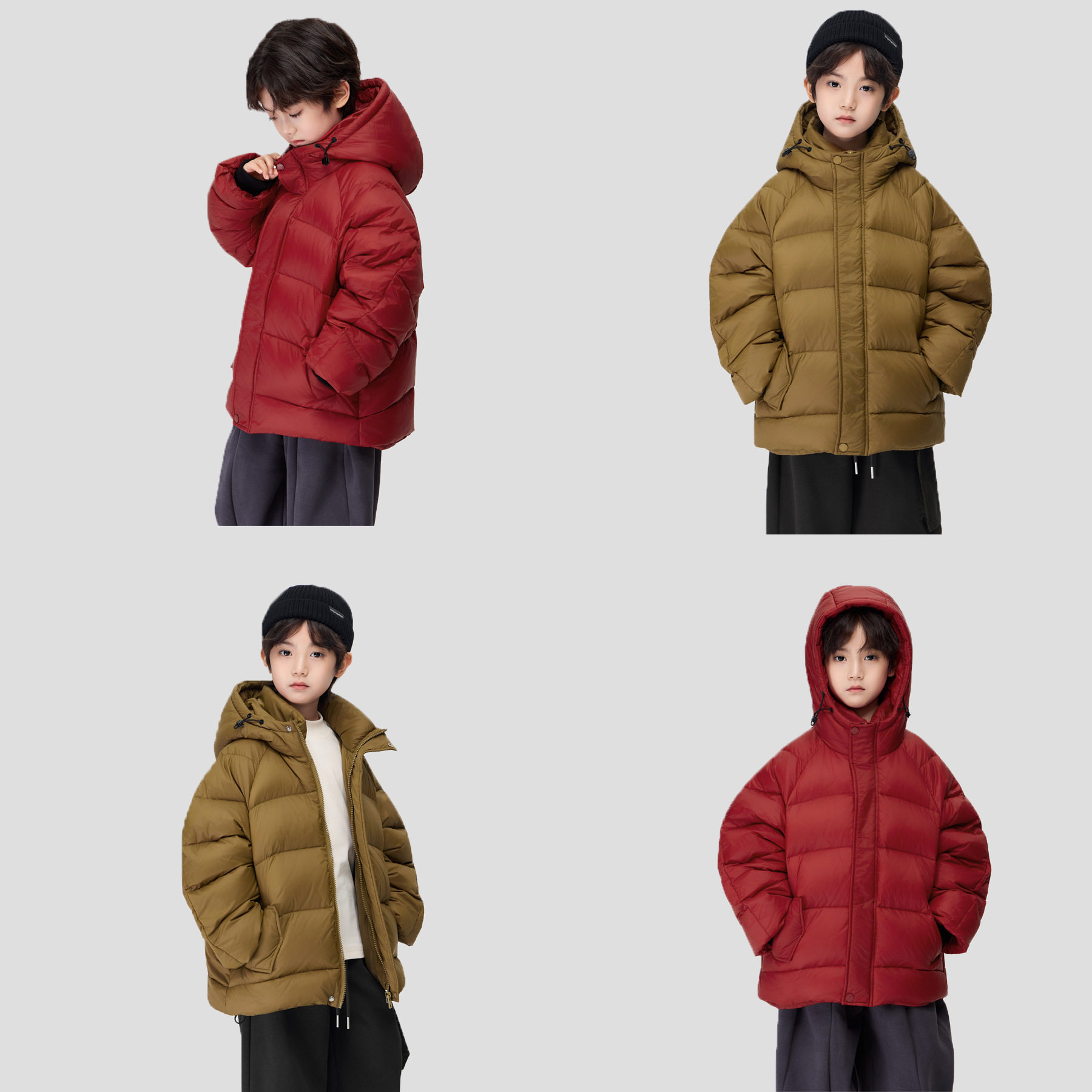 2025冬季新款男童保暖面包服连帽外套中大童90白鸭绒新年红羽绒服