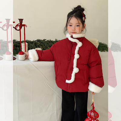 艾摩贝贝女童宝宝红色新年保暖棉衣外套可爱毛绒撞色拼接球球棉服