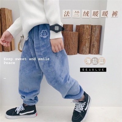 25冬可爱刺绣男女儿童法兰绒暖暖裤家居保暖裤懒人裤超厚实珊瑚绒
