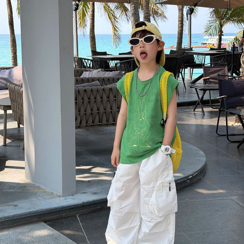 泰如2026夏季新款儿童韩版字母卡通无袖T恤男童时尚休闲纯色坎肩