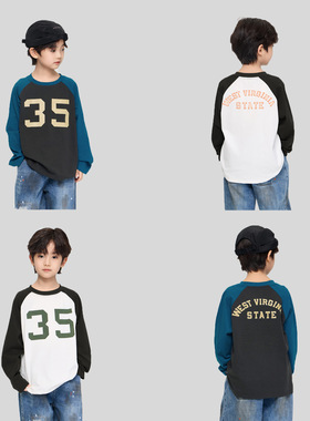 2026春季新款儿童字母印花撞色长袖T恤男童插肩袖打底衫宽松上衣