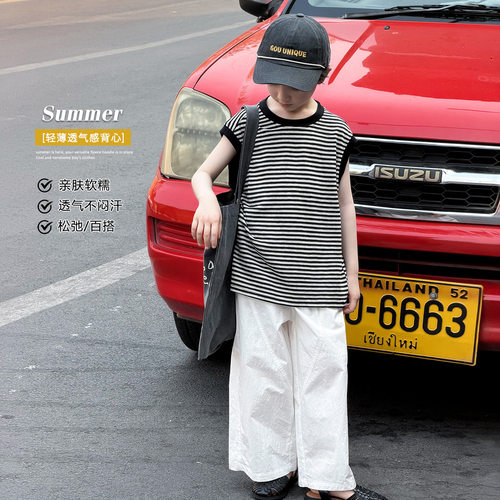 童装儿童条纹背心男童无袖t恤夏款2026新款中大童休闲短袖上衣潮t