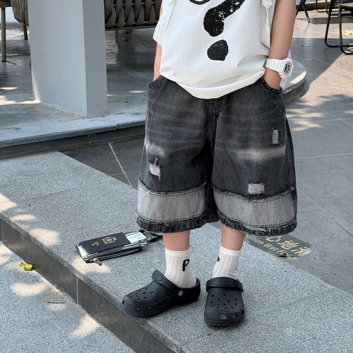 泰如2026夏季新款儿童设计感破洞牛仔短裤男童纯色百搭水洗短裤