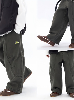 25秋季新款墨绿色简约童裤皮标装饰男童直筒裤