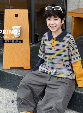 童酷2026男童春季新款时尚条纹撞色宝宝T恤翻领假两件儿童POLO衫