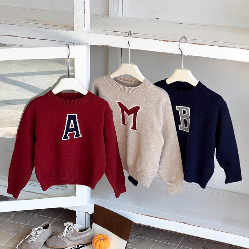 艾摩贝贝2025秋男女童宝宝韩版宽松刺绣字母套头毛衣儿童针织