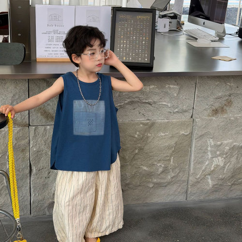 泰如2026夏季新款儿童韩版洋气印花小背心男童纯棉透气纯色无袖潮