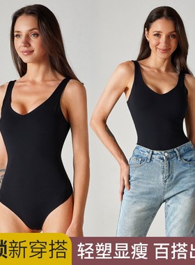 欧美跨境新品瑜伽连体衣外穿裸感带胸垫U型后背舞蹈运动健美显瘦