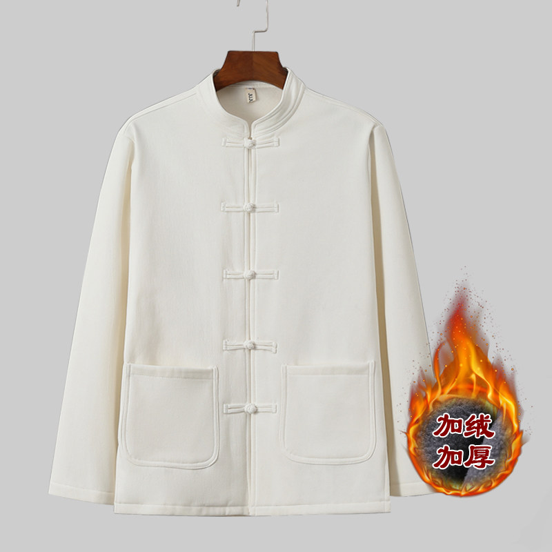 秋冬季 中国风棉麻长袖衬衫内搭加绒加厚唐装男纯色新中式衬衣-白,男装,唐装,淘宝优惠券,粉丝福利购,淘宝优惠卷