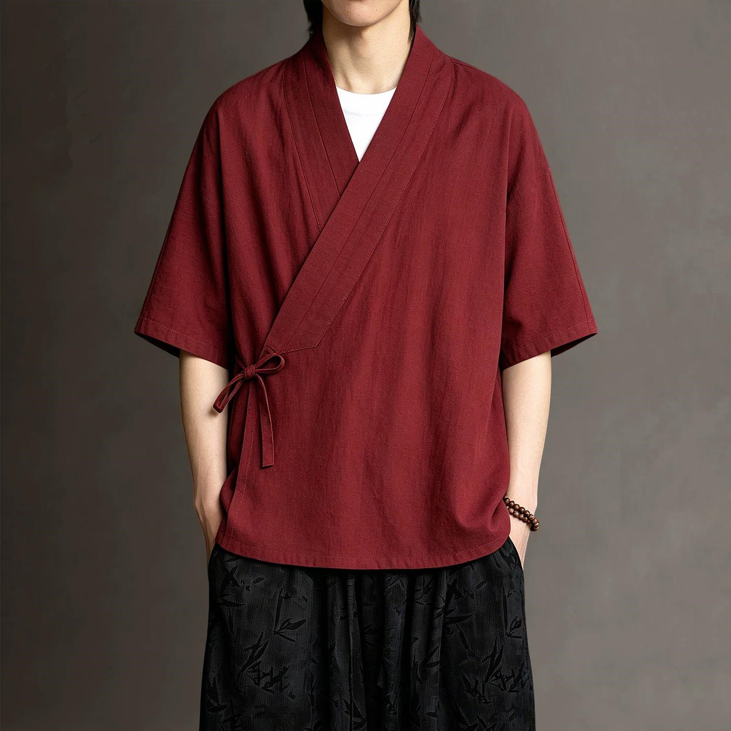 夏季明制汉服男纯棉交领禅意上衣右衽短衫居士道袍短袖道服练功服图片