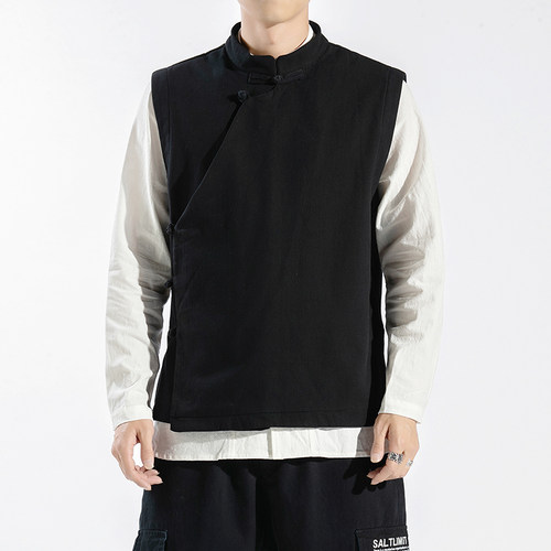 冬季男士斜禁马甲加棉加绒保暖中国风复古坎肩中式唐装盘扣背心男